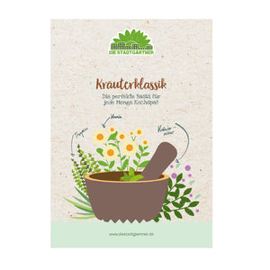 Illustration eines Mörser und Stößels mit Kräutern und Blumen, Text "Kräuterklassik" und das Logo der Stadtgärtner, Werbung für Kochzutaten.