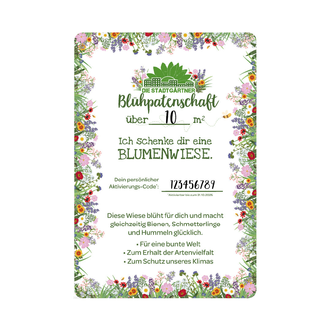 Geschenkzertifikat für eine Blühpatenschaft über 10 Quadratmeter Blumenwiese mit buntem Blumenrahmen und Informationen zur Förderung von Artenvielfalt und Klimaschutz.