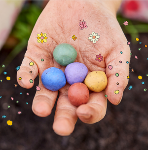 Eine Hand hält fünf bunte Saatkugeln, umgeben von gezeichneten Blumen und Punkten.