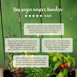 Kundenrezensionen über Hochbeete vor einer grünen Holzwand, darunter Pflanzen und Tomaten, mit einer Bewertung von 4,8 von 5 Sternen.