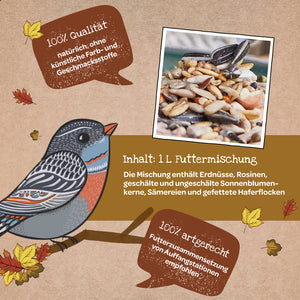 Illustration eines Vogels mit Herbstblättern, daneben ein Foto von gemischtem Vogelfutter und Infotext zur Qualität und Zusammensetzung des Futters in deutscher Sprache.