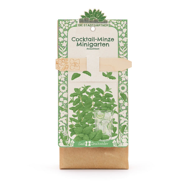 Anzuchtset fÌr Cocktail-Minze Minigarten in grÌner Verpackung mit Abbildung von MinzblÀttern und einem Glas.