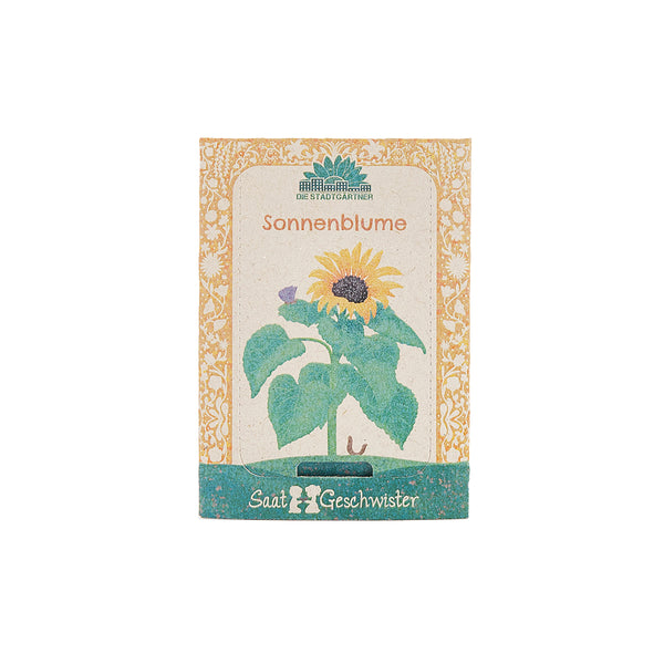 SamenpÀckchen fÌr Sonnenblumen mit einer Illustration einer Sonnenblume auf der Vorderseite.