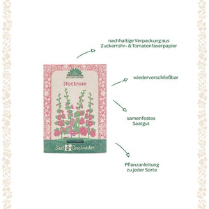 Saatgutverpackung für Stockrose mit nachhaltiger Verpackung, wiederverschließbar, samenfestem Saatgut und Pflanzanleitung.