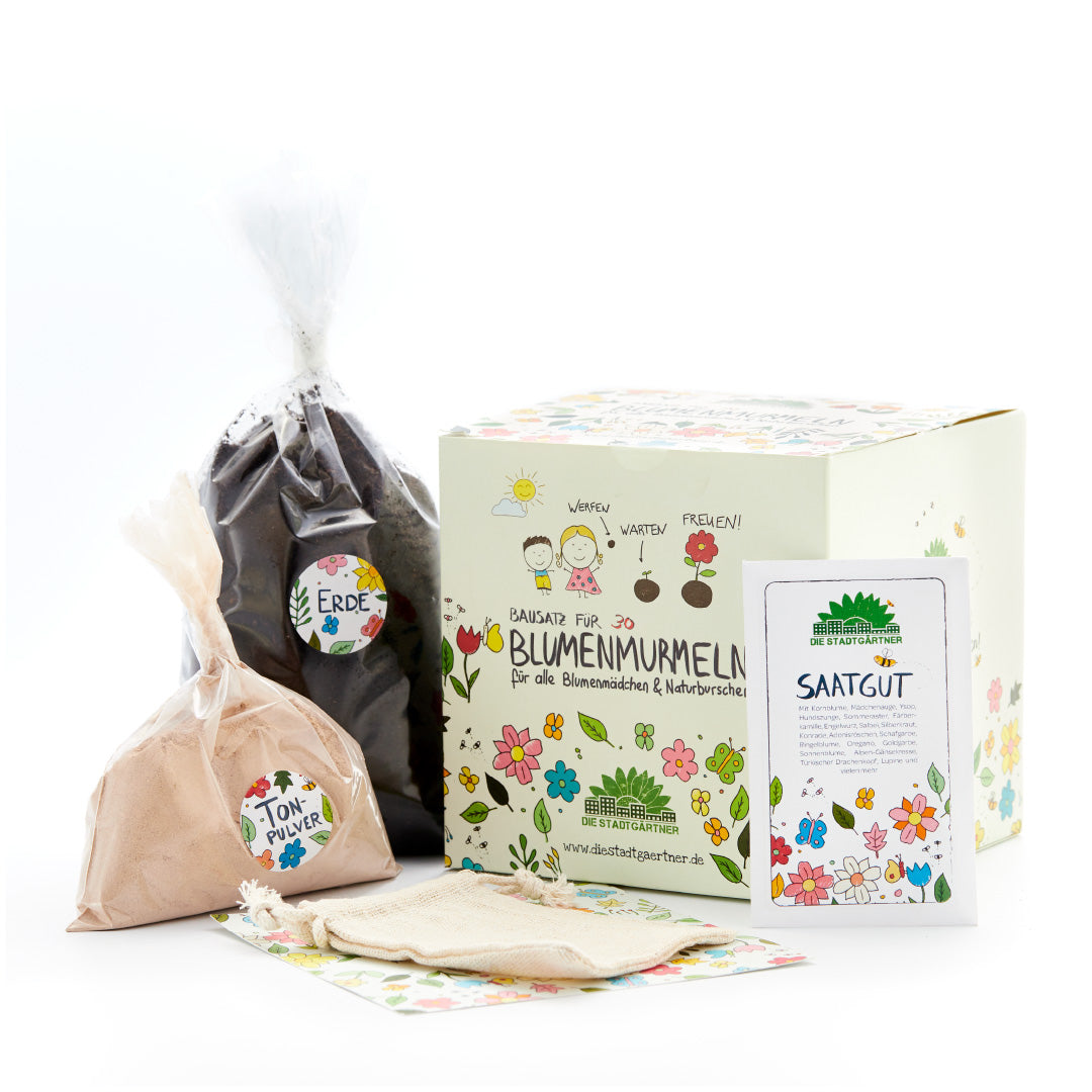 Blumensamen-Set mit Box, Tüte Erde, Tüte Tonpulver, Samentüte und Stoffbeutel, alles bunt illustriert.
