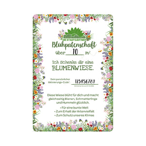 Geschenkzertifikat für eine Blühpatenschaft über 10 Quadratmeter Blumenwiese mit buntem Blumenrahmen und Informationen zur Förderung von Artenvielfalt und Klimaschutz.