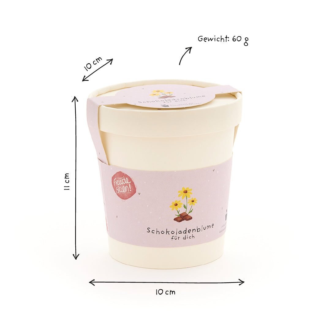 Beiger Blumentopf mit lila Banderole, Beschriftung "Schokoladenblume für dich", Maßen 11 cm hoch, 10 cm breit und Gewicht 60 g.
