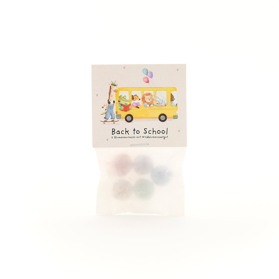 5 flower marbles in a bag for starting school "Bus"