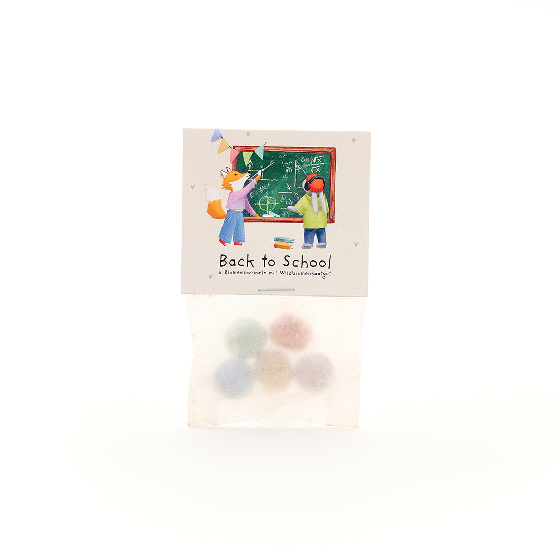 5 flower marbles in a bag for starting school "Chalkboard"