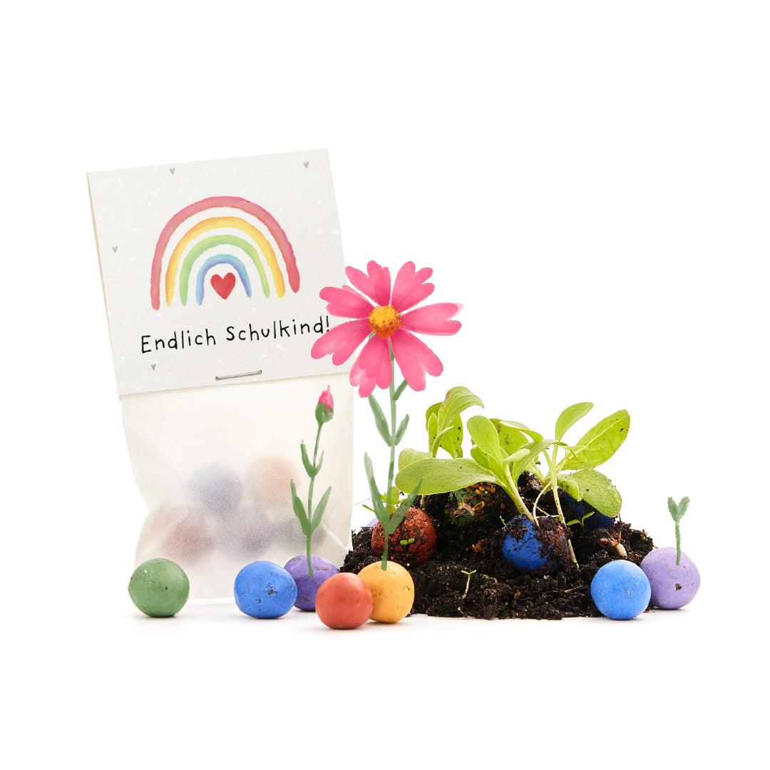 5 flower marbles in a bag for starting school "Finally a schoolchild"