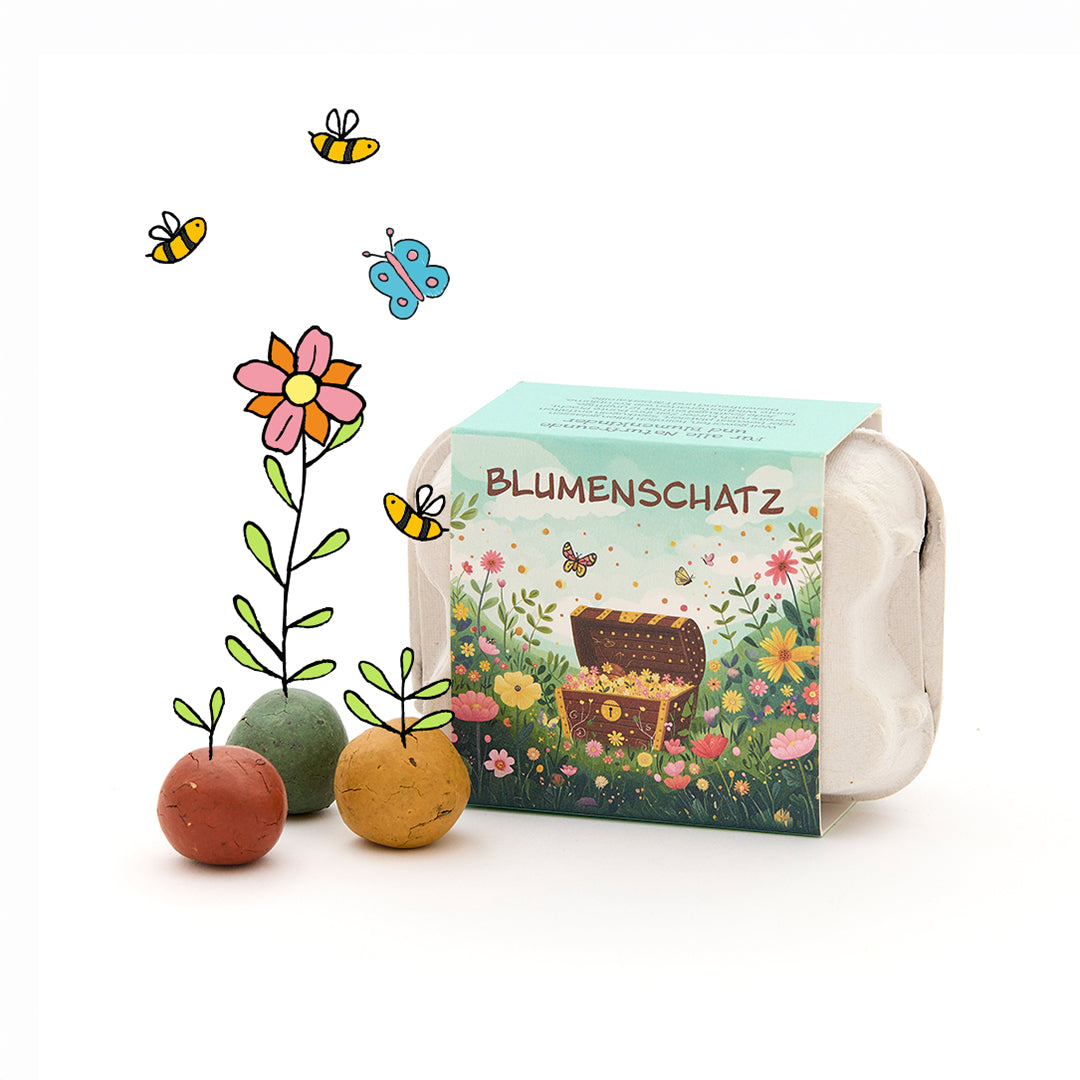 6 colorful flower marbles in an egg carton - Flower treasure