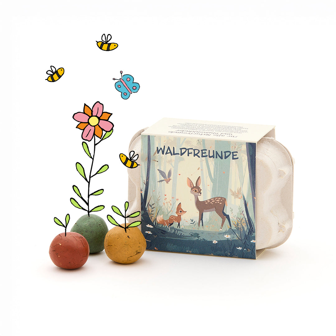 6 colorful flower marbles in an egg carton - Forest friends