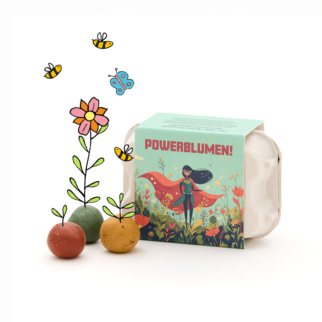 6 colorful flower marbles in an egg carton - Power flowers
