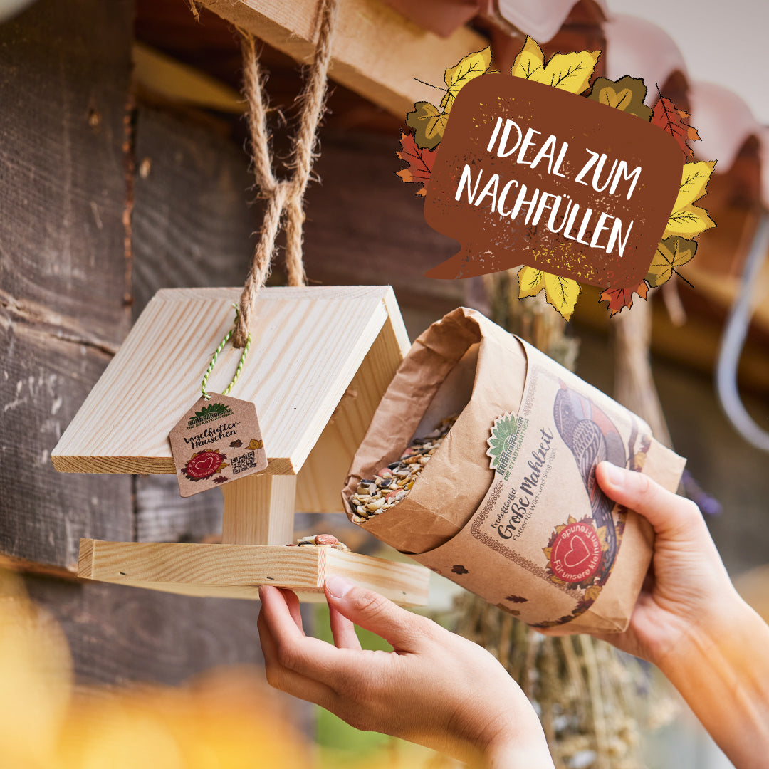Eine Person füllt ein hölzernes Vogelhaus mit Vogelfutter aus einer Papiertüte; im Bild steht „Ideal zum Nachfüllen“.