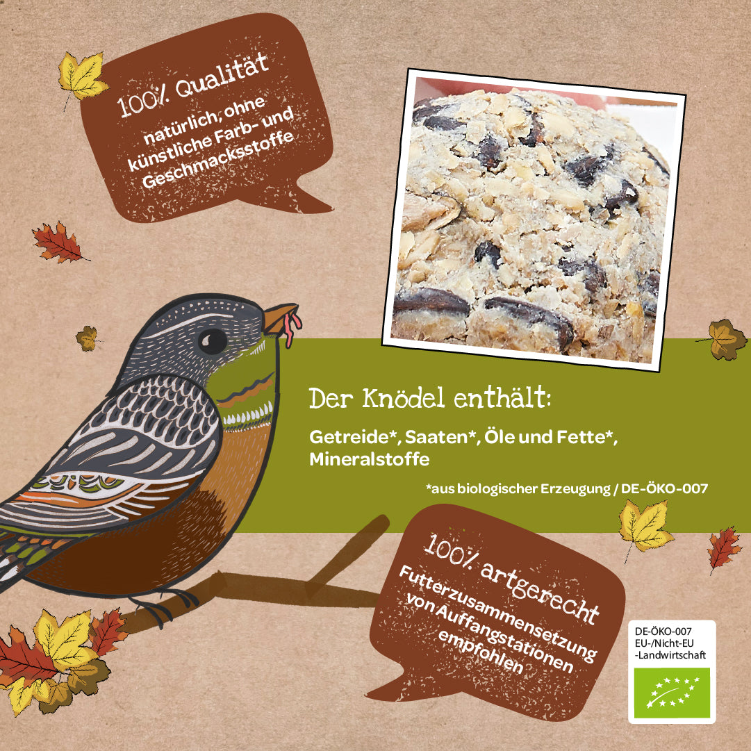 Illustration eines Vogels neben einem Foto eines Vogelfutterknödels mit Text, der natürliche Zutaten, biologische Qualität und artgerechte Fütterung hervorhebt.