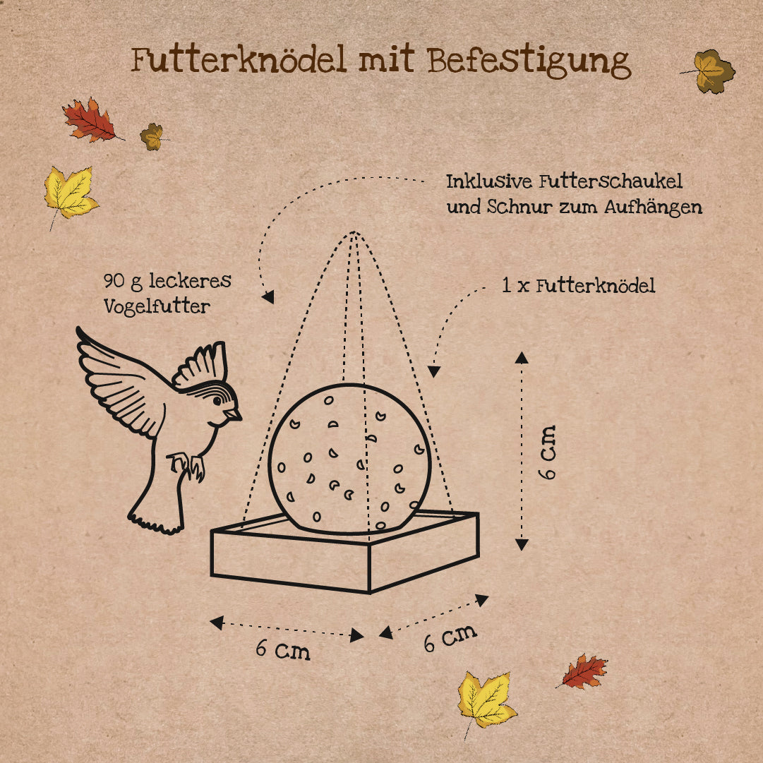 Illustration eines Futterknödels mit Befestigung, Maße 6x6x6 cm, inklusive Vogel, Futterschaukel und Aufhängeschnur, herbstliche Blätter im Hintergrund.