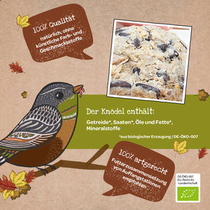 Illustration eines Vogels auf einem Ast mit einem Bio-Vogelfutter-Knödel, umgeben von herbstlichen Blättern und Textfeldern mit Informationen zu den Zutaten und Qualität des Knödels.