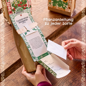 Eine Person hält eine geöffnete Verpackung mit einer Pflanzanleitung für einen Cocktail-Minze Minigarten und einem kleinen Saatgutpäckchen in der Hand.