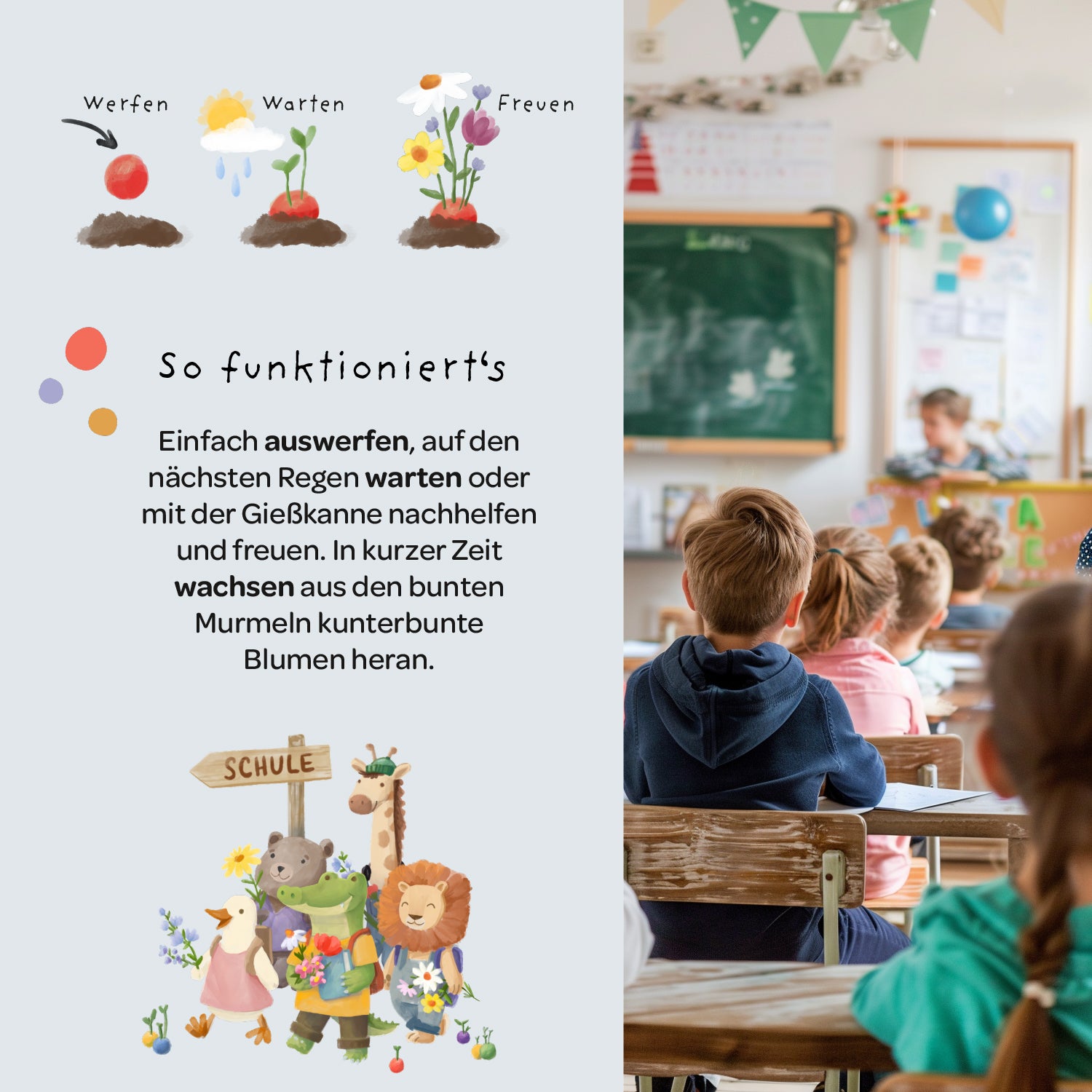 5 flower marbles in a bag for starting school "Animals"