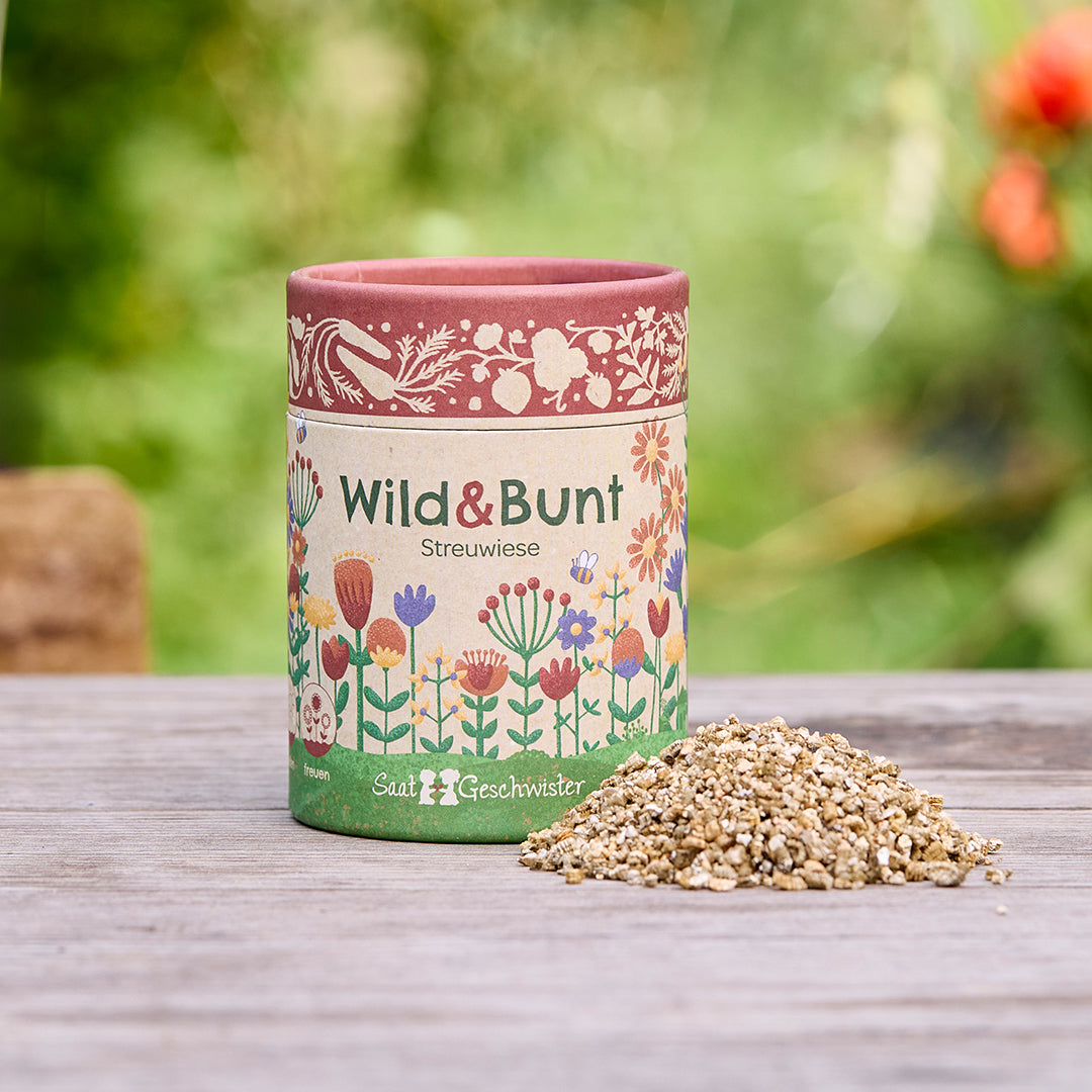 Dose mit der Aufschrift "Wild & Bunt Streuwiese" und illustrativen Blumenmotiven, daneben ein kleiner Haufen Samen, auf einem Holztisch im Freien.