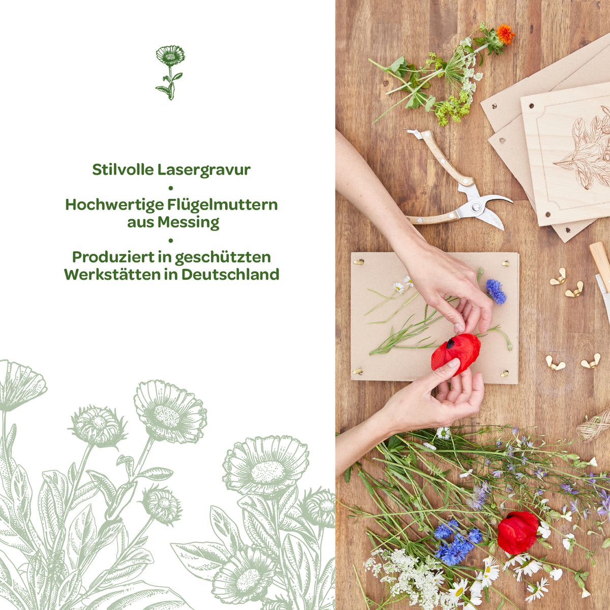 Zwei Hände arrangieren bunte Blumen auf einem Holzrahmen; daneben liegen Werkzeuge, Messing-Flügelmuttern und gravierte Holzplatten auf einem Holztisch. Links Text mit Informationen über stilvolle Lasergravur und Produktion in Deutschland.