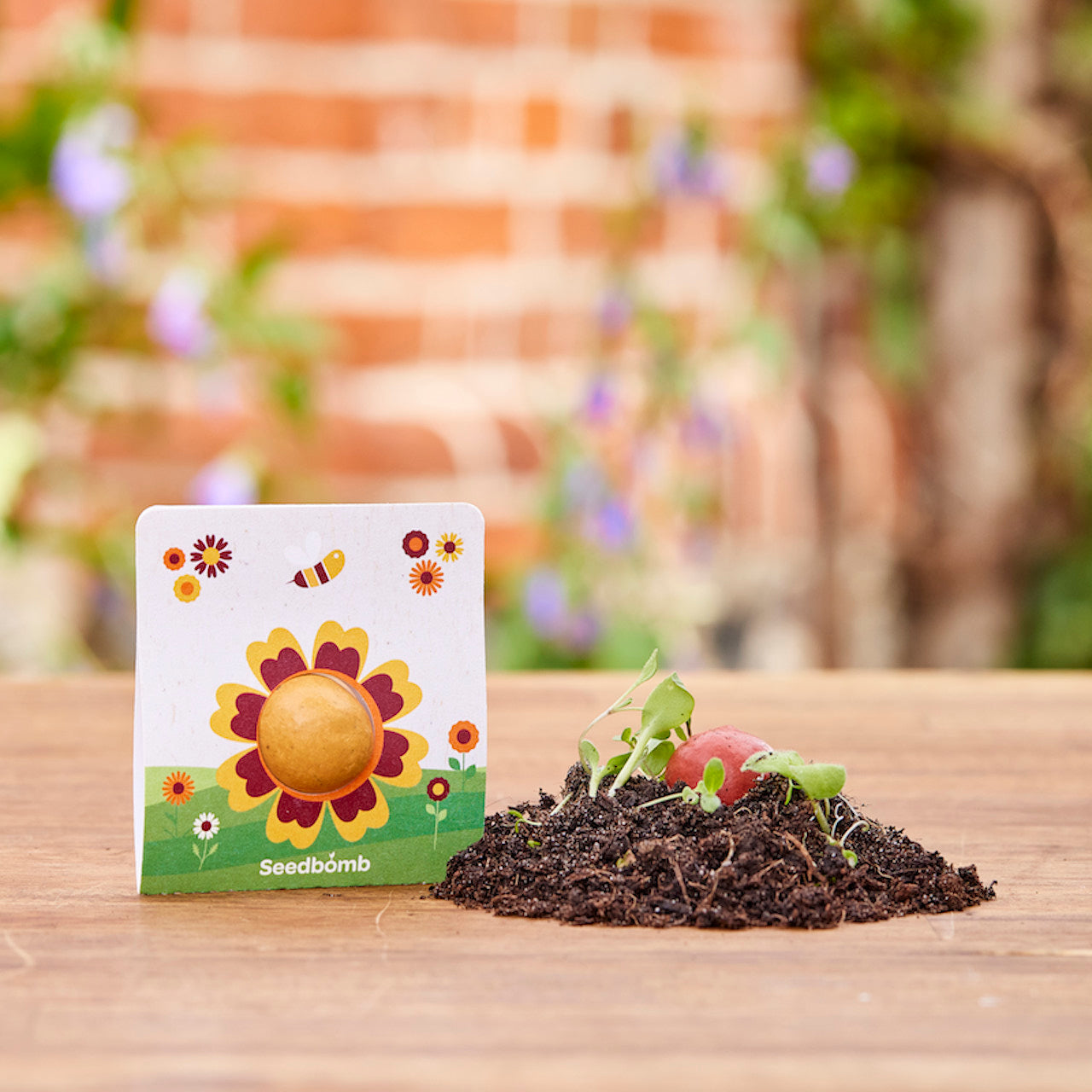 Eine Seedbomb-Verpackung mit Blumenmotiv steht neben Erde und keimenden Pflanzen auf einem Holztisch.
