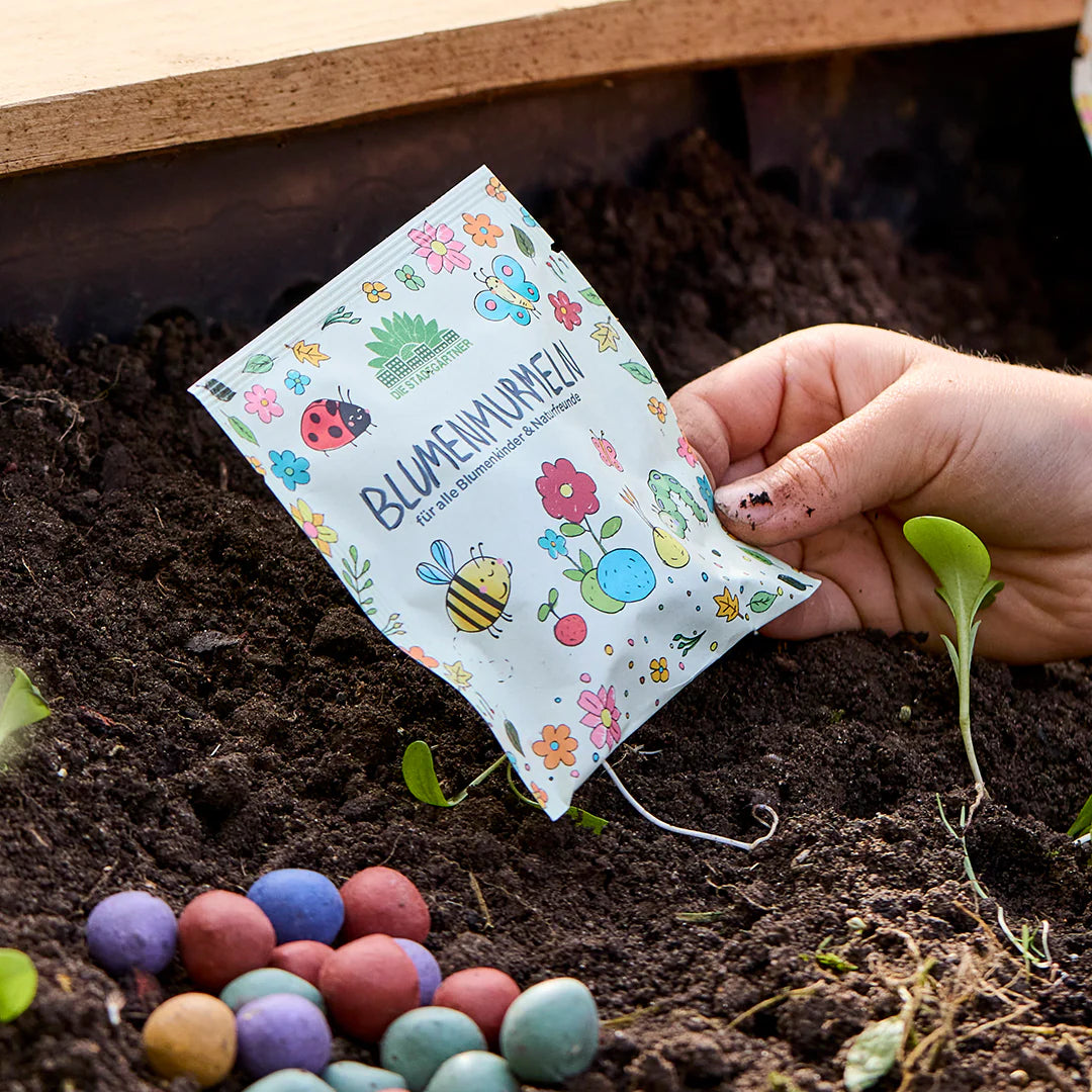 Hand hält eine Tüte mit Blumensamen über Erde, daneben bunte Samenbälle.