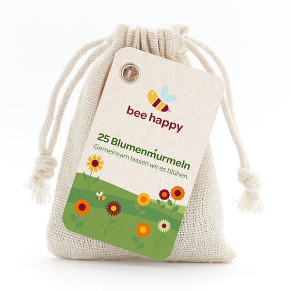 25 flower marbles in a cotton bag