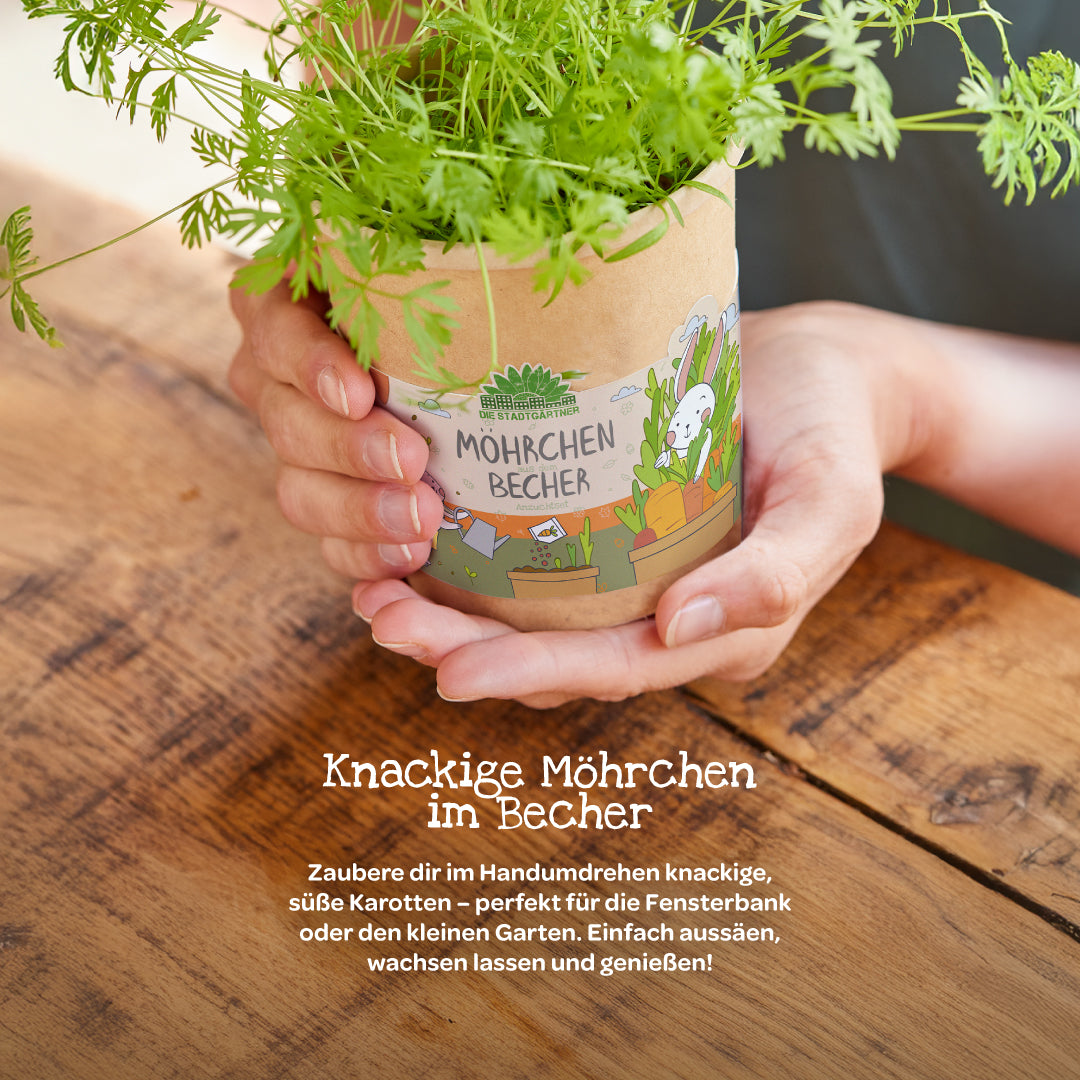 Person hält einen Becher mit wachsenden Möhrenpflanzen auf einem Holztisch, Etikett „Möhrchen Becher“.