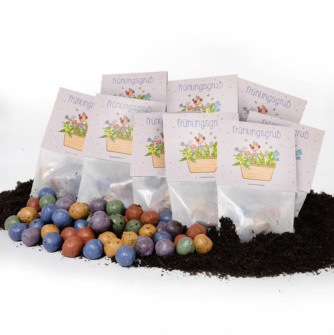 Mehrere Tütchen mit der Aufschrift „Frühlingsgruß“, dekoriert mit Blumenmotiv, liegen auf Erde, davor bunte Samenbälle.