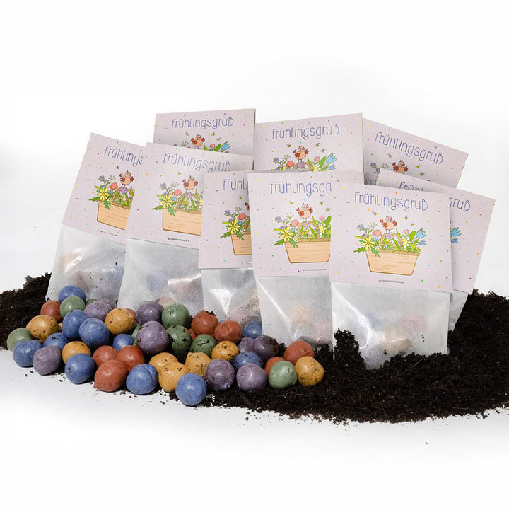 Mehrere Tütchen mit der Aufschrift „Frühlingsgruß“, dekoriert mit Blumenmotiv, liegen auf Erde, davor bunte Samenbälle.