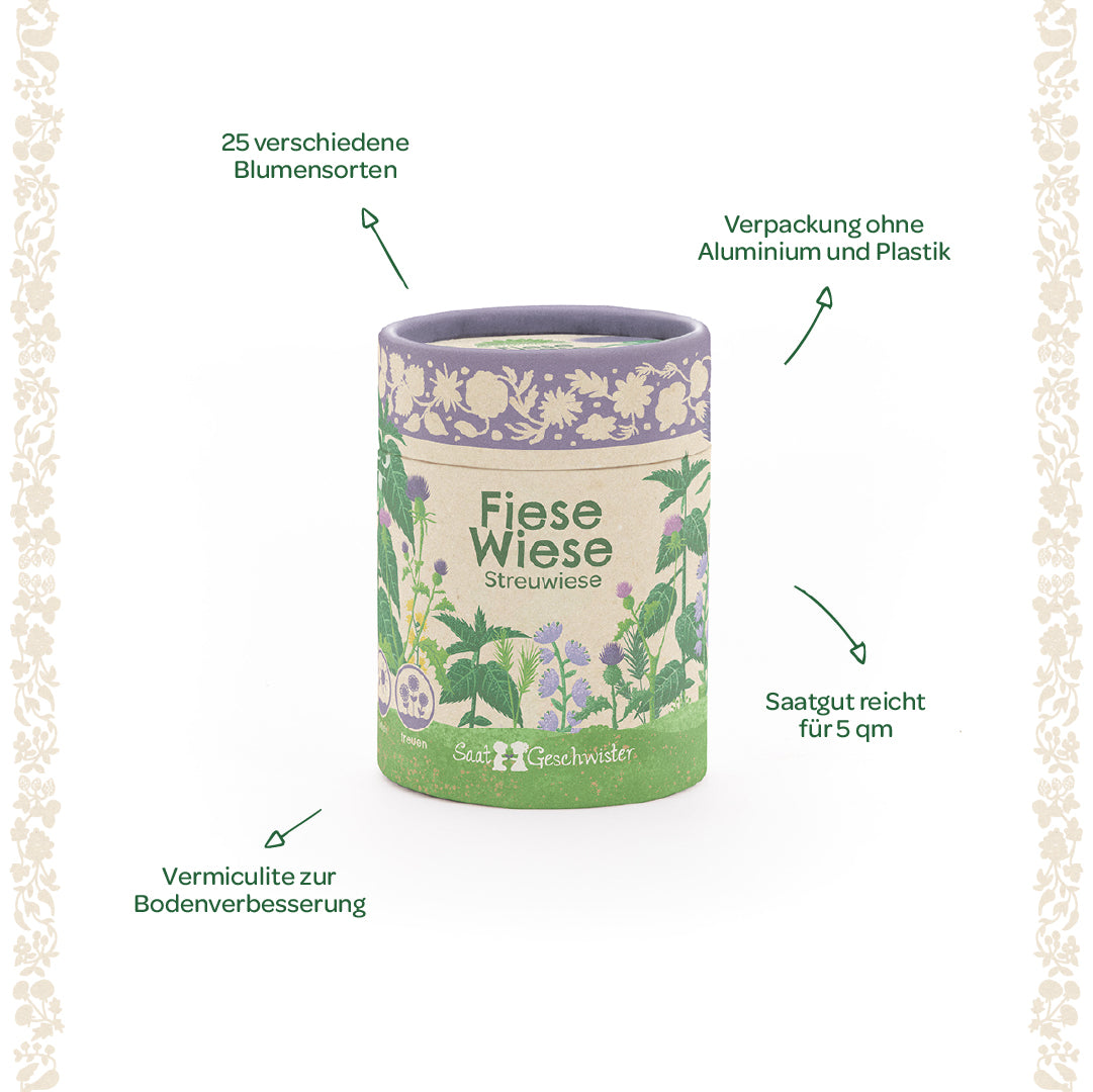 Runde Verpackung "Fiese Wiese Streuwiese" mit Blumenmotiven, umgeben von deutschen Hinweisen: 25 verschiedene Blumensorten, vermiculite zur Bodenverbesserung, plastik- und aluminimumfreie Verpackung, Saatgut reicht für 5 qm.