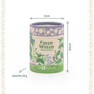 Runde Dose mit der Aufschrift "Fiese Wiese Streuwiese", Blumenillustrationen, Maße 6 cm Durchmesser, 8,5 cm hoch, Gewicht 55 g.