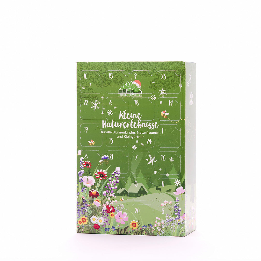 Grüner Adventskalender mit Blumenillustrationen und dem Text "Kleine Naturerlebnisse" auf der Vorderseite.