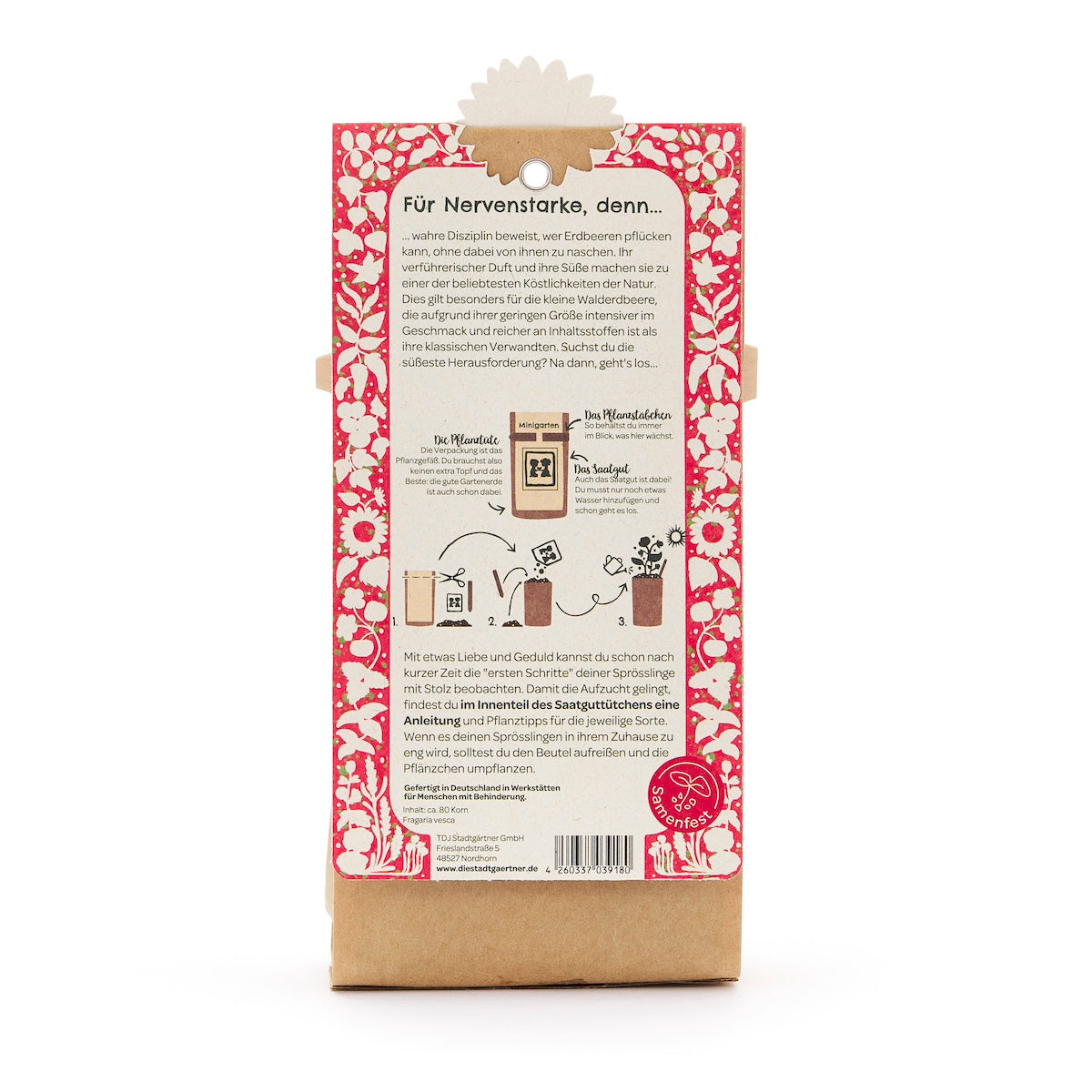 Rückseite einer Verpackung mit rotem Blumenmuster, deutscher Textbeschreibung und Anleitung für das Pflanzen von Erdbeeren.