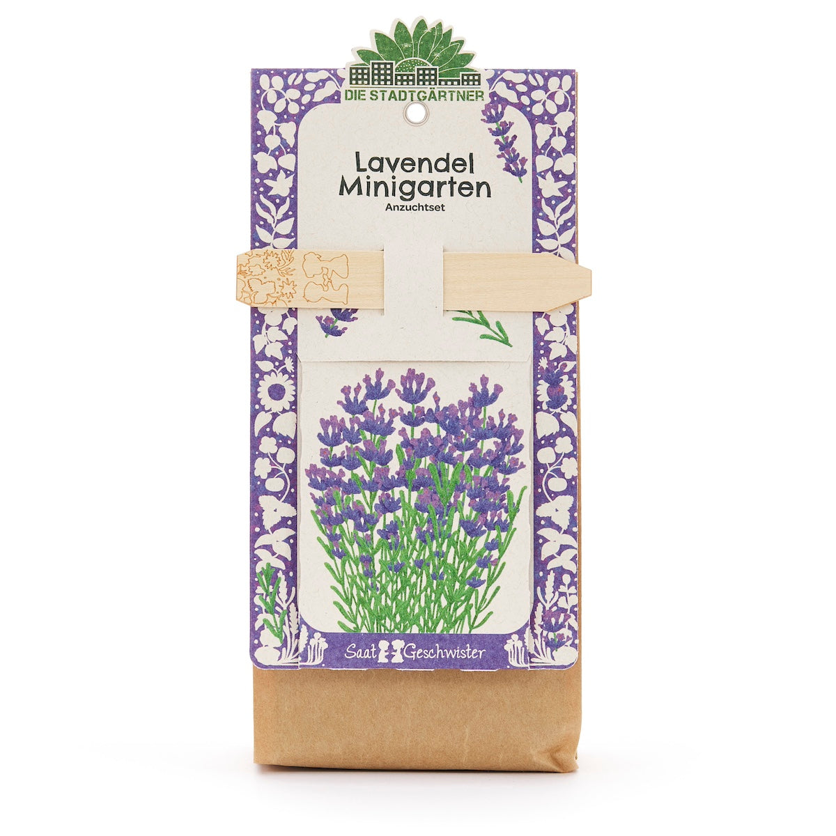 Lavendel Minigarten Anzuchtset mit violetter Lavendelillustration und dekorativer Verpackung.