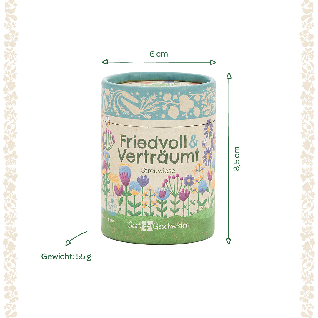 Runde Dose Saatgeschwister "Friedvoll & Verträumt" mit Blumenillustration, Maße 6 cm Durchmesser und 8,5 cm Höhe, Gewicht 55 g.