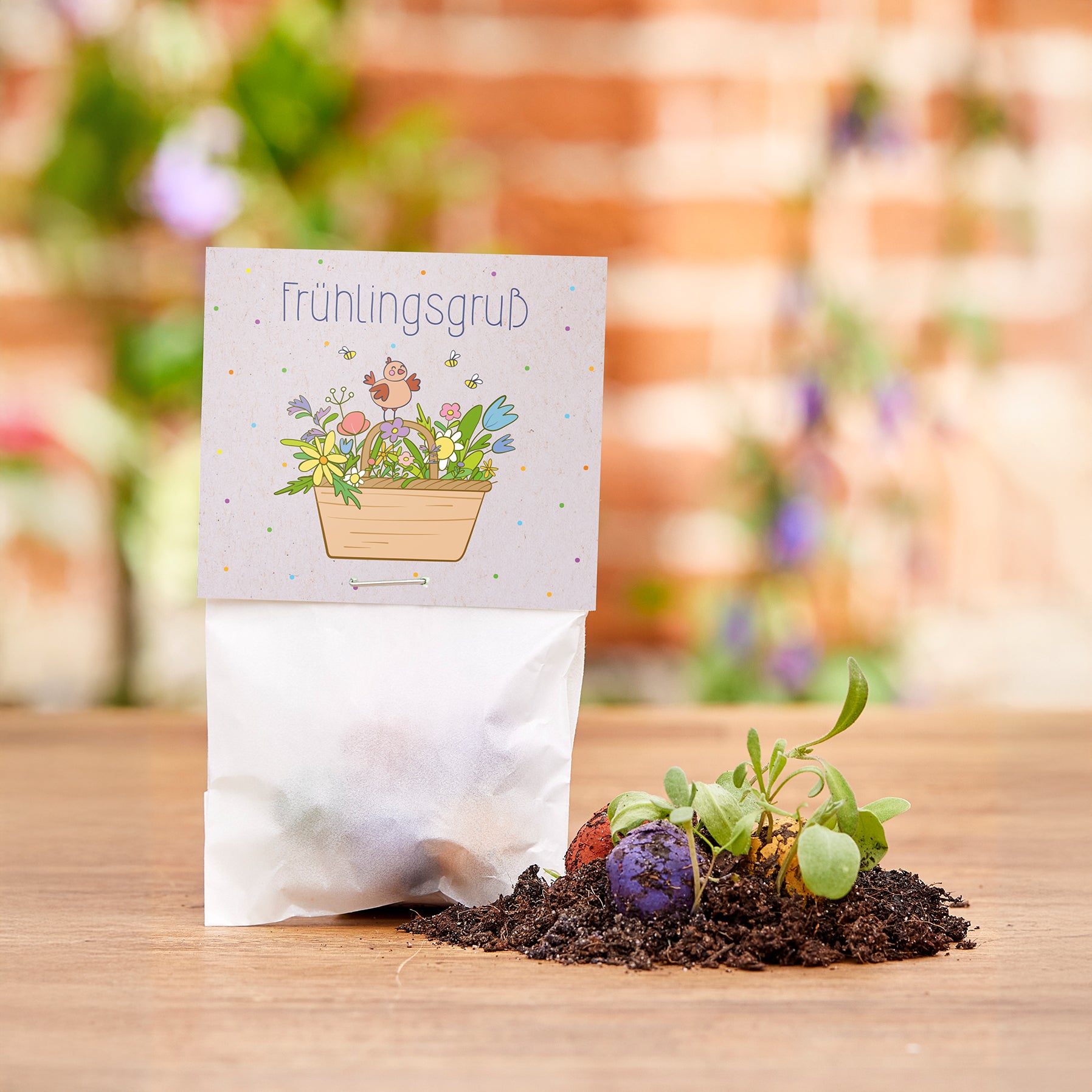 Eine kleine Tüte mit der Aufschrift "Frühlingsgruß" steht auf einem Holztisch, daneben liegen Erde, bunte Samenbomben und junge Pflänzchen.