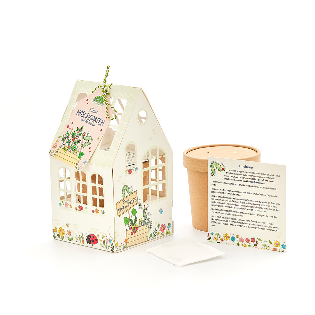 Set mit einem kleinen dekorativen Gewächshaus, einem Blumentopf, einer Anleitung und einem Samentütchen für den Anbau von Tomaten.