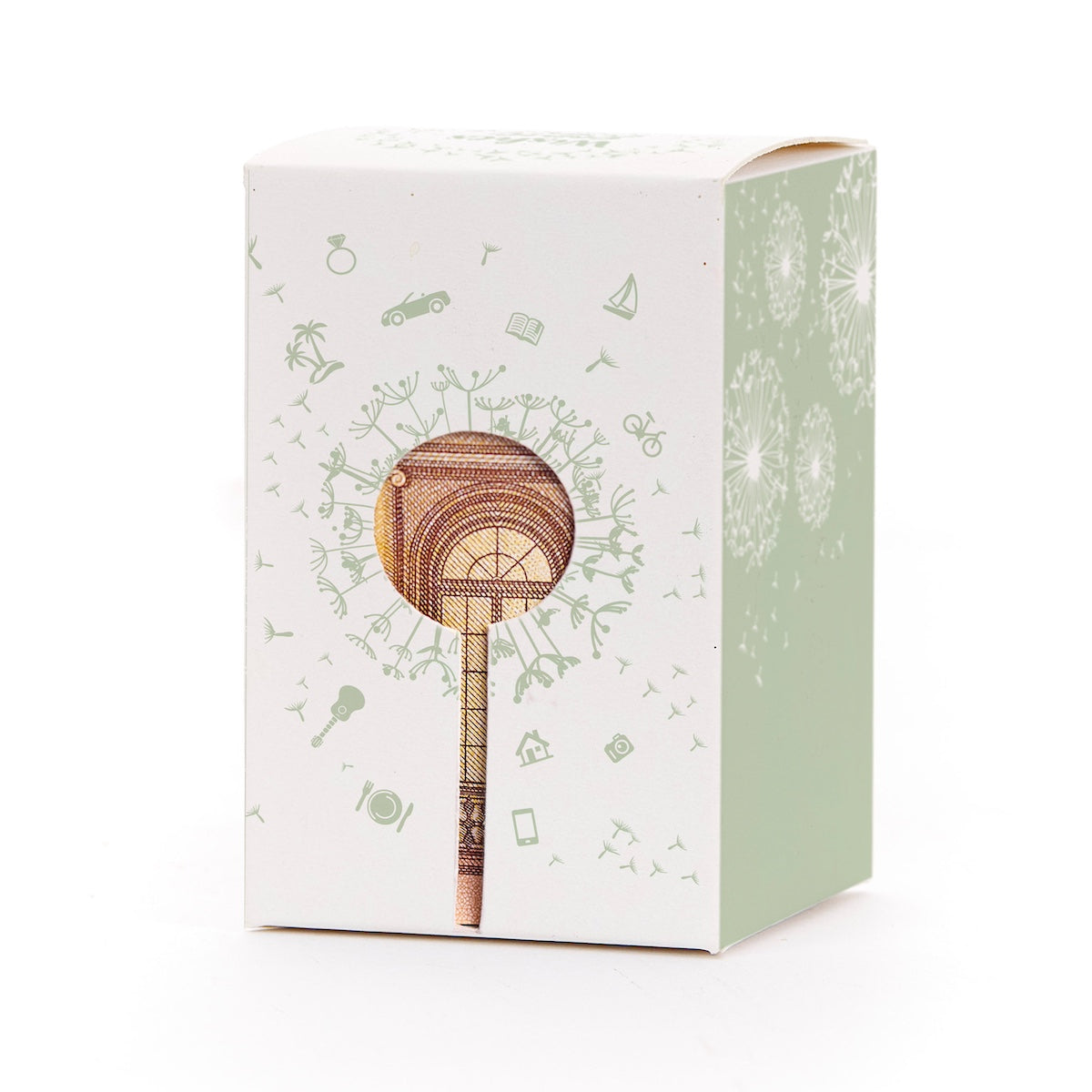 Geschenkbox mit Löwenzahnmotiv und Geldschein in Form eines Lollis als Dekoration.