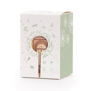 Geschenkbox mit Löwenzahnmotiv und Geldschein in Form eines Lollis als Dekoration.
