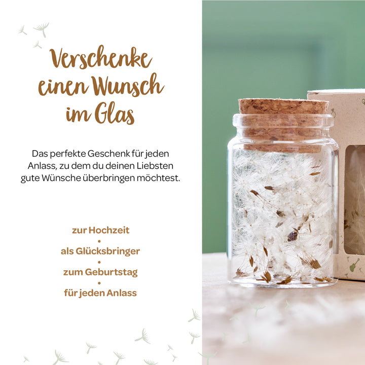 Ein Glas mit Pusteblumen-Samen als Geschenk, daneben Text: "Verschenke einen Wunsch im Glas – das perfekte Geschenk zur Hochzeit, als Glücksbringer, zum Geburtstag oder für jeden Anlass."