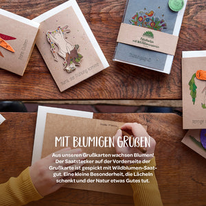 Mehrere handgemachte Grußkarten mit Blumen- und Tiermotiven sowie handschriftlichen Notizen liegen auf einem Holztisch; im Vordergrund eine Person, die eine Karte beschriftet, im Hintergrund Text über Grußkarten mit Wildblumensamen.