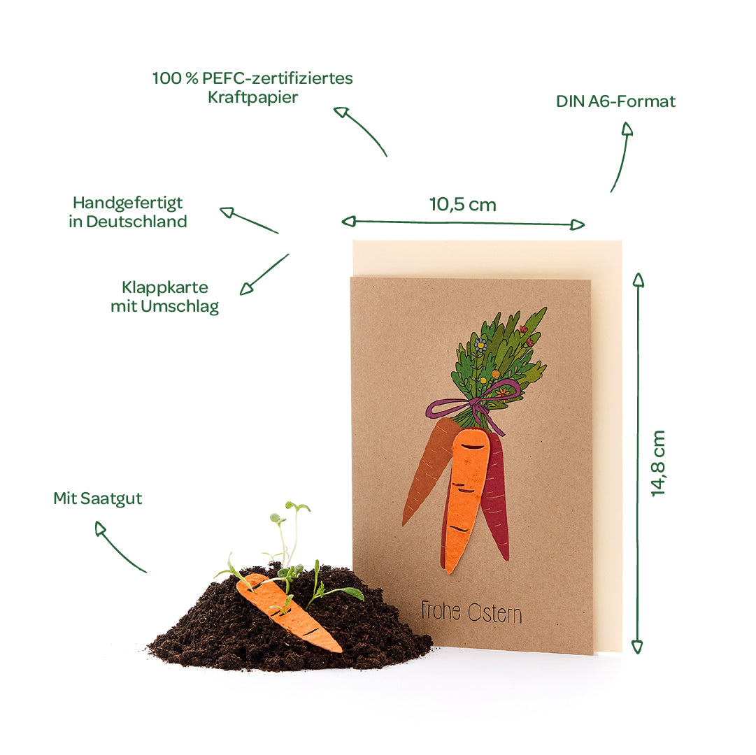 Klappkarte aus braunem Kraftpapier mit Karottenzeichnung und Aufschrift "Frohe Ostern", daneben Erde mit Karottensaatgut, Maße und Eigenschaften beschriftet.