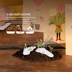 Saatpapier mit Keimlingen liegt auf Erde, im Hintergrund stehen Karten mit Blumendesign und eine Anleitung zur Verwendung von Saatpapier ist zu sehen.