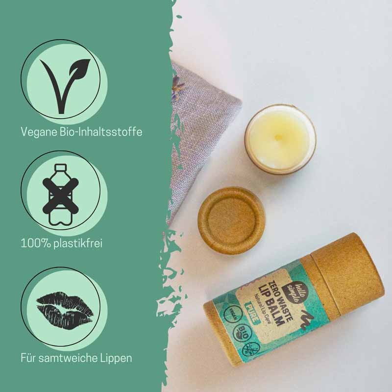 Natürlicher Lippenbalsam in plastikfreier Verpackung mit veganen Bio-Inhaltsstoffen, daneben Symbole für umweltfreundliche Eigenschaften und weiche Lippen.