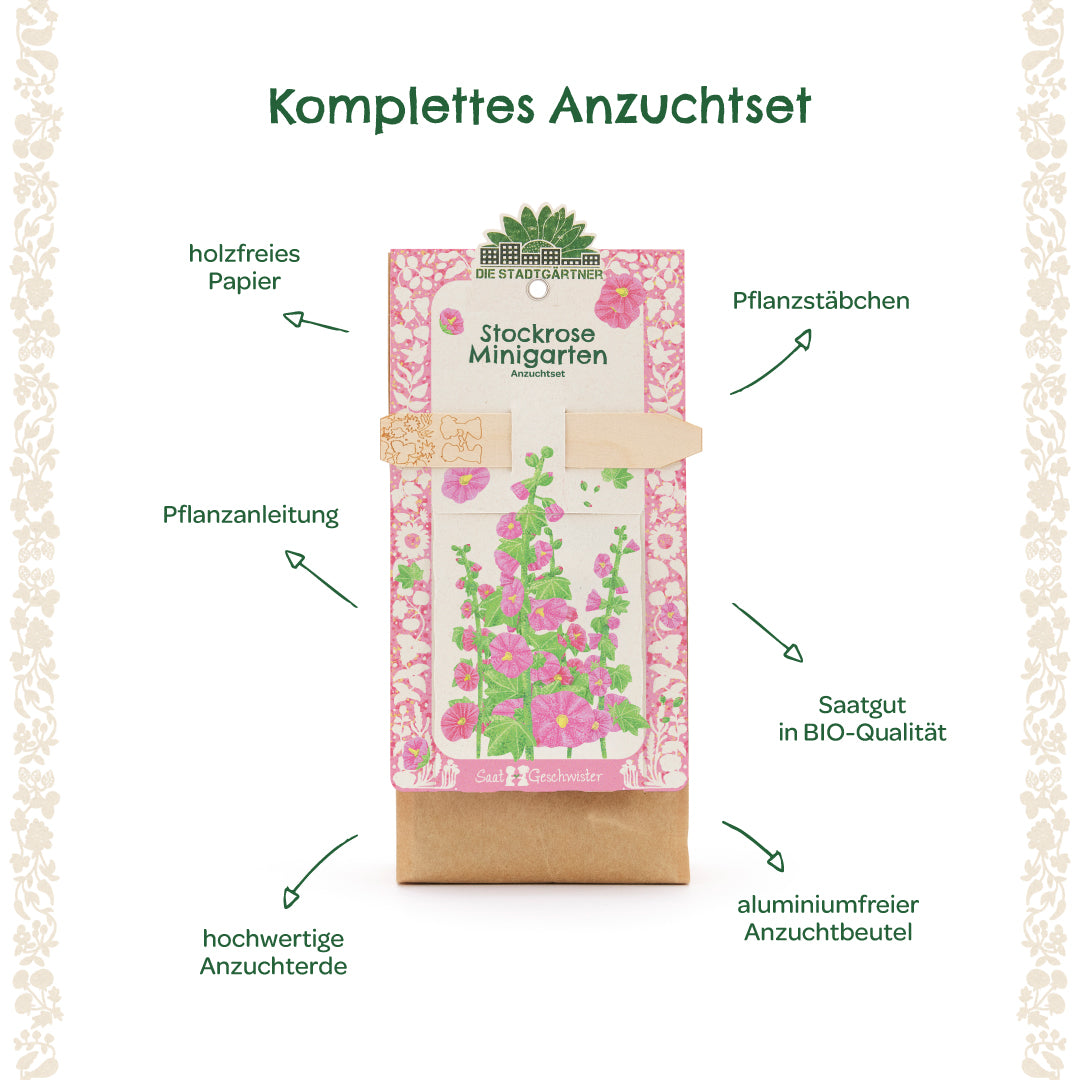 Komplettes Anzuchtset für Stockrosen mit Pflanzanleitung, holzfreiem Papier, Pflanzenstäbchen, BIO-Saatgut, hochwertiger Anzuchterde und aluminiumfreiem Anzuchtbeutel.