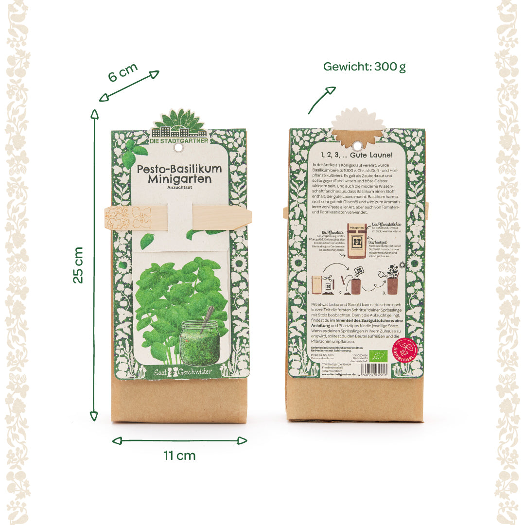 Zwei Packungen eines „Pesto-Basilikum Minigarten“-Anzuchtsets mit Angaben zu Maßen (25 cm x 11 cm x 6 cm) und Gewicht (300 g), Vorder- und Rückseite abgebildet, gestaltet in grün und beige.