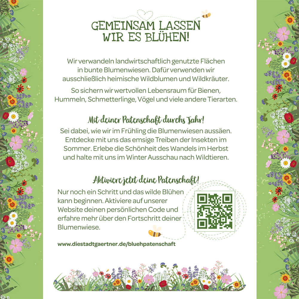 Infografik auf Deutsch mit Text über das Anlegen von Blumenwiesen zum Schutz von Insekten und Wildtieren, umgeben von bunten Blumenillustrationen und einem QR-Code.