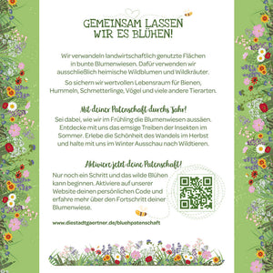 Infografik auf Deutsch mit Text über das Anlegen von Blumenwiesen zum Schutz von Insekten und Wildtieren, umgeben von bunten Blumenillustrationen und einem QR-Code.